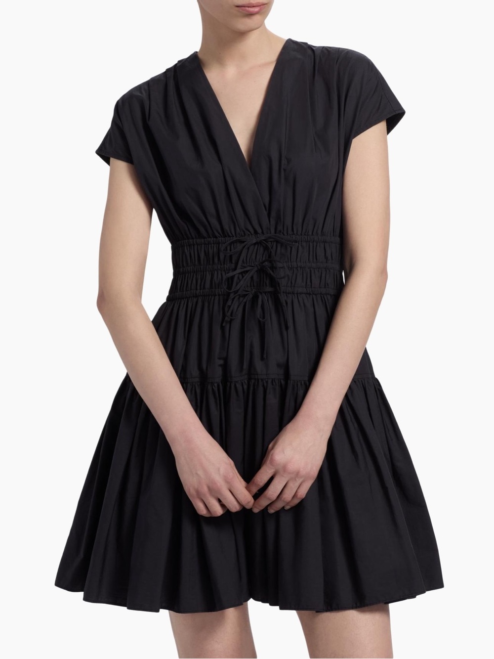 Derek Lam 10 Crosby Tora V-Neck Shirred Waist Cotton Dress Black Size 4